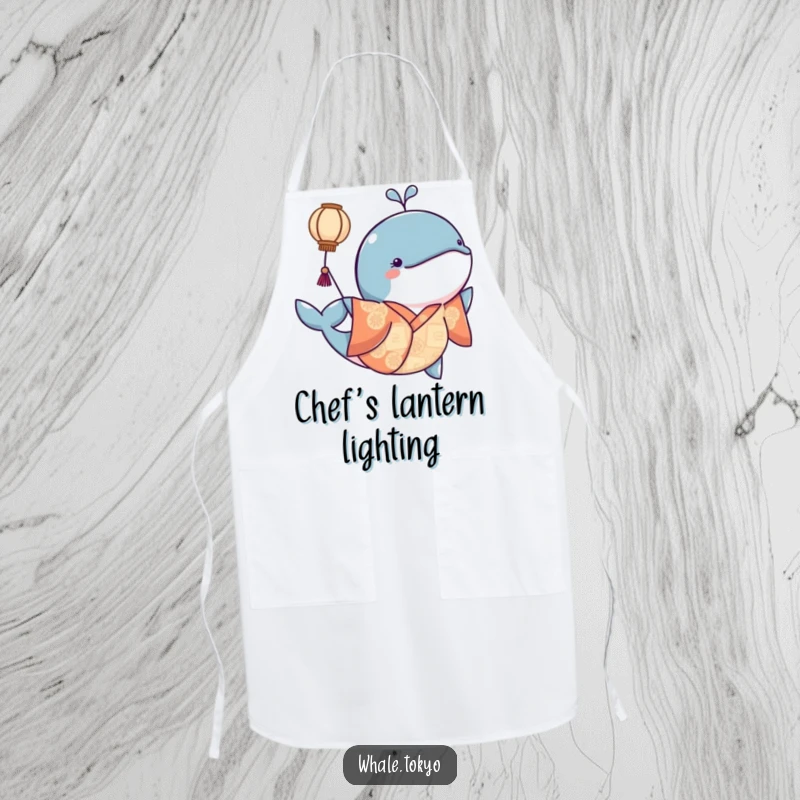 Funny apron featuring a whale in a kimono playfully nudging a floating lantern, adding a touch of magic to cooking.