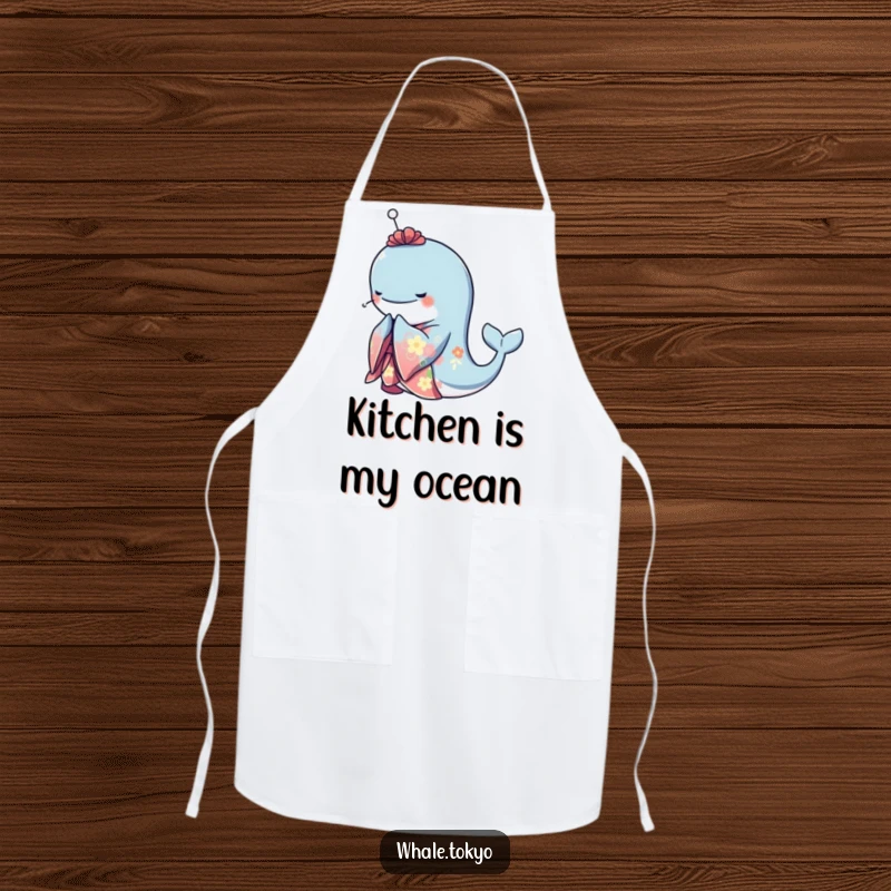 Funny apron with a graceful whale wearing a vibrant kimono and bowing elegantly, perfect for adding a touch of class to kitchen tasks.