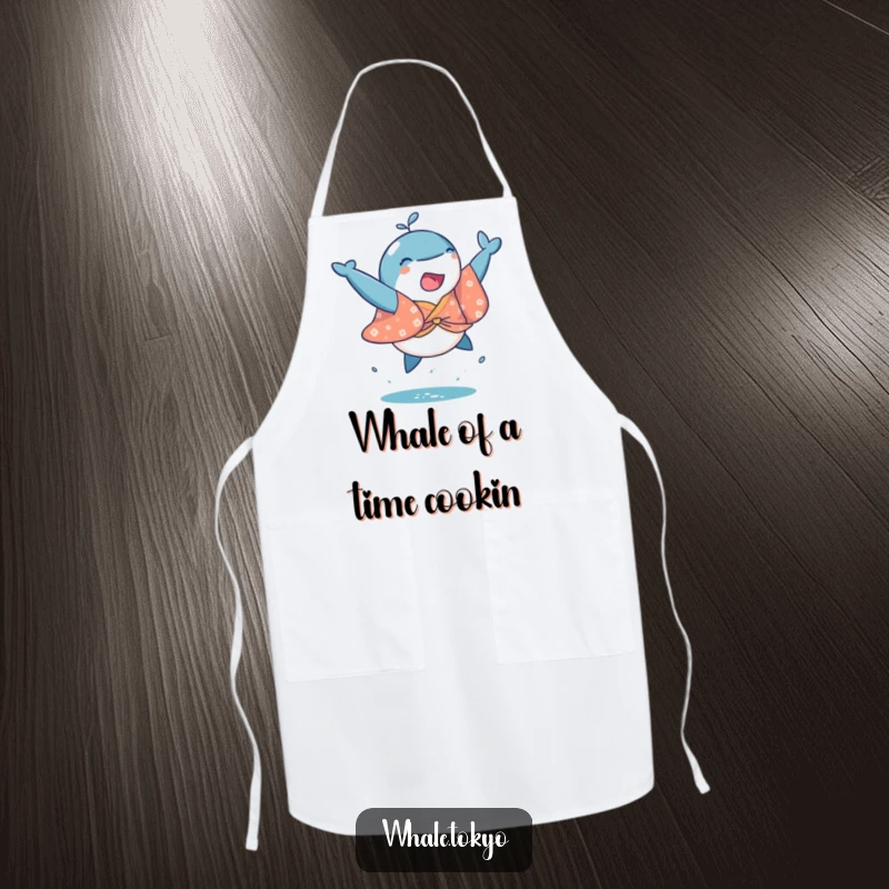 Funny apron displaying a playful whale in a colorful kimono, performing a spirited, joyful leap, ideal for cooking.