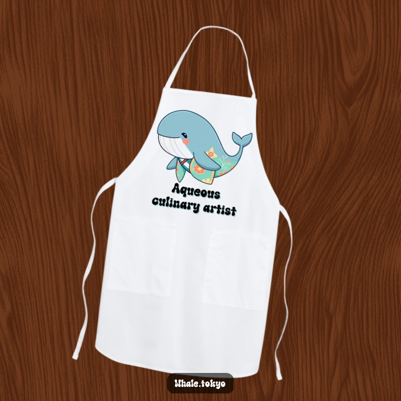 Funny cute whale in a patterned kimono, swimming elegantly, a humorous apron.