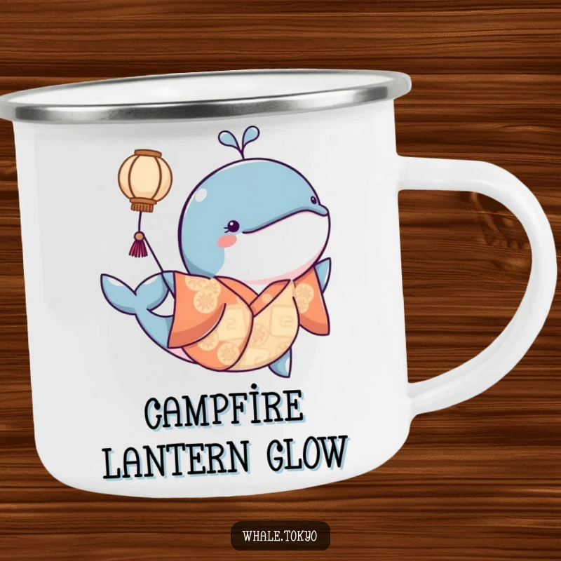Funny camping mug featuring a whale in a kimono nudging a floating lantern, perfect for enjoying drinks with a magical glow.