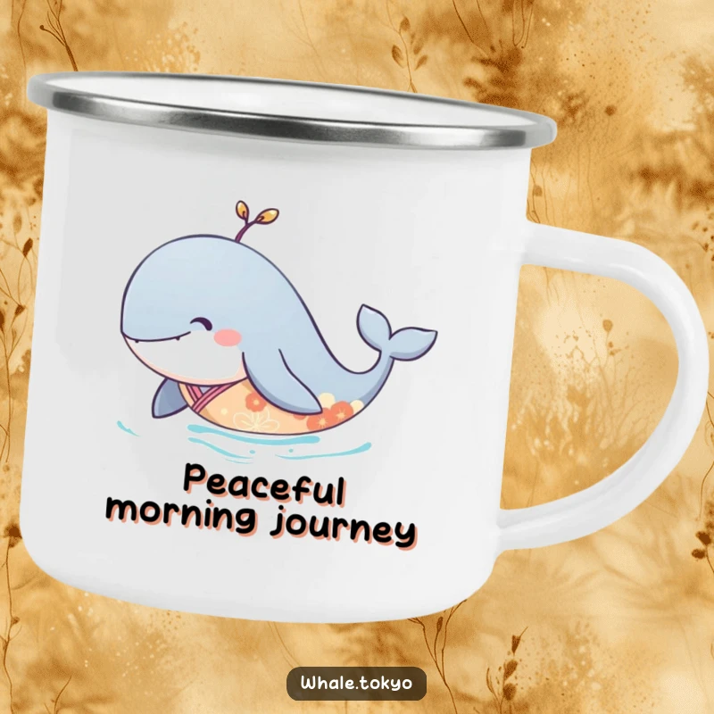 Funny camping mug with a serene whale in an elegant kimono, gliding peacefully through the water.