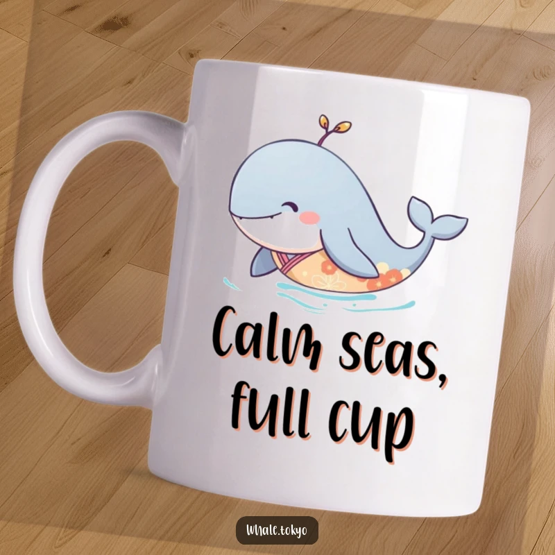Funny mug featuring a serene whale gracefully gliding underwater while wearing an elegant, flowing kimono.