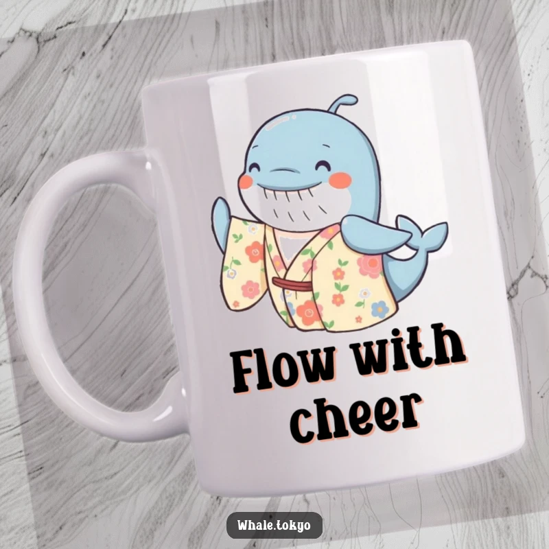 Funny mug featuring a cheerful whale in a floral kimono, gently swaying with a happy expression, exuding lighthearted charm and vibrancy.