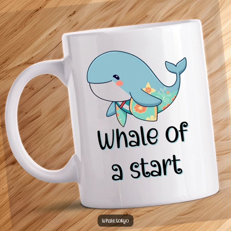 Funny cute whale wearing a vibrant, patterned kimono, gracefully swimming underwater.