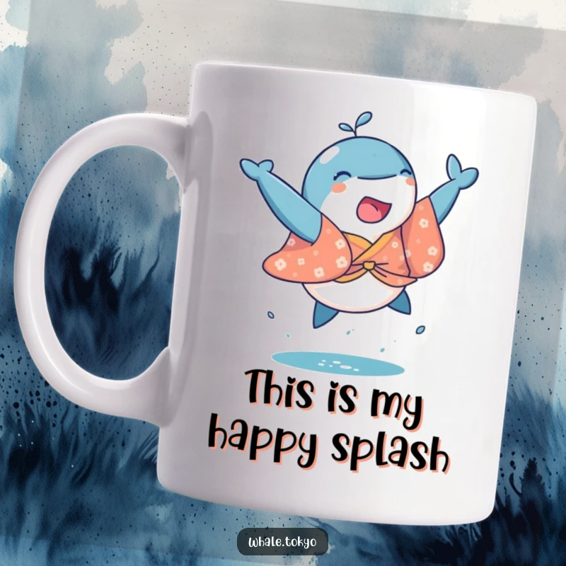 Funny mug featuring a playful whale in a brightly colored kimono, joyfully leaping out of the water with enthusiastic energy.