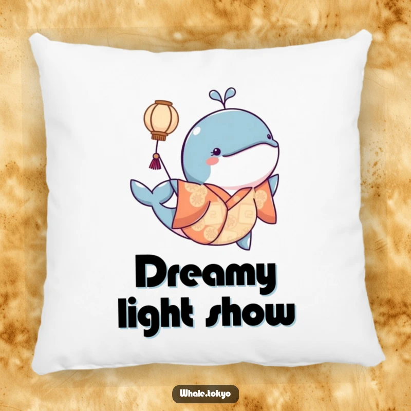 Funny pillow depicting a whale in a kimono playfully nudging a floating lantern, offering serene comfort and dreamy visuals.