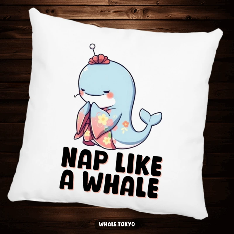 Funny pillow featuring a graceful whale in a vibrant kimono, bowing elegantly, adding a touch of serene beauty and humor to decor.