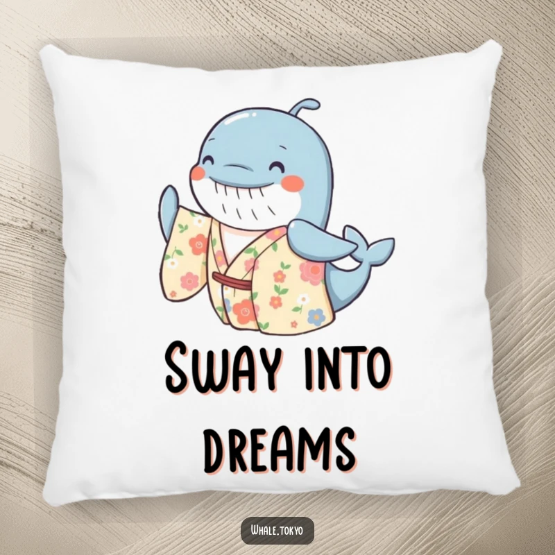Funny pillow featuring a cheerful whale in a floral kimono, gently swaying, perfect for adding comfort and a dose of happy charm.