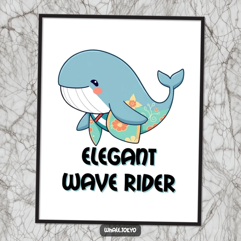 Funny cute whale in a patterned kimono, swimming gracefully, instant digital art.