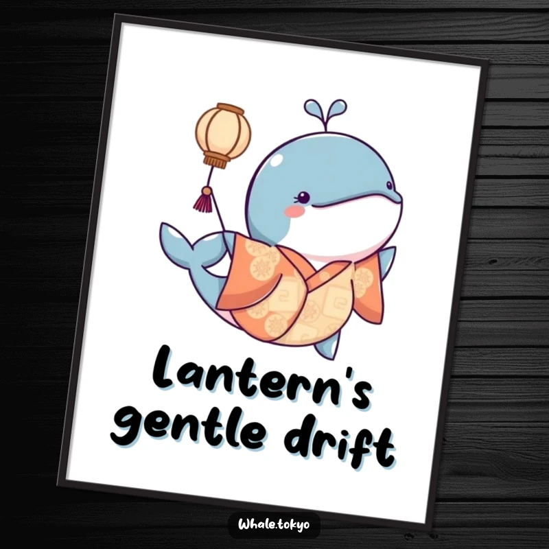 Funny digital art print of a whale in a kimono playfully nudging a floating lantern, evoking a serene and magical ambiance.