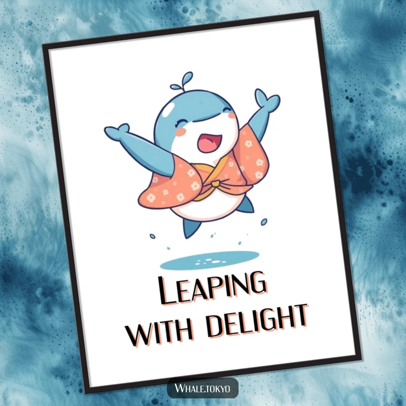Funny digital art print of a whale in a colorful kimono, dynamically leaping with joy, perfect for home or digital use.