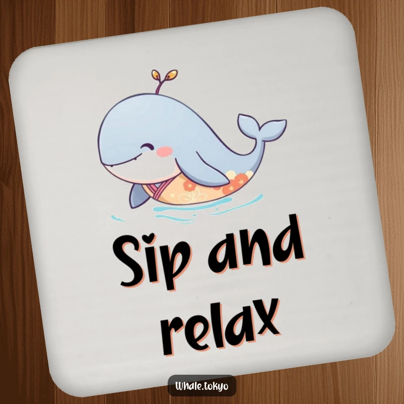 Funny coaster with a serene whale in an elegant kimono, gliding peacefully through the water.
