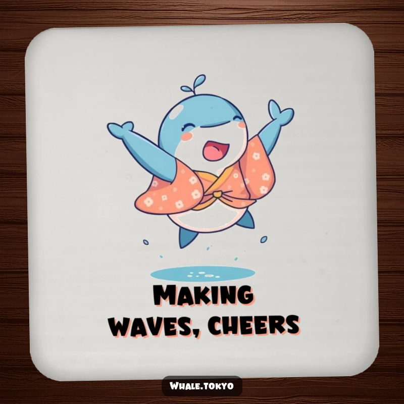 Funny coaster featuring a playful whale in a colorful kimono, captured mid-joyful leap, protecting surfaces with humor.