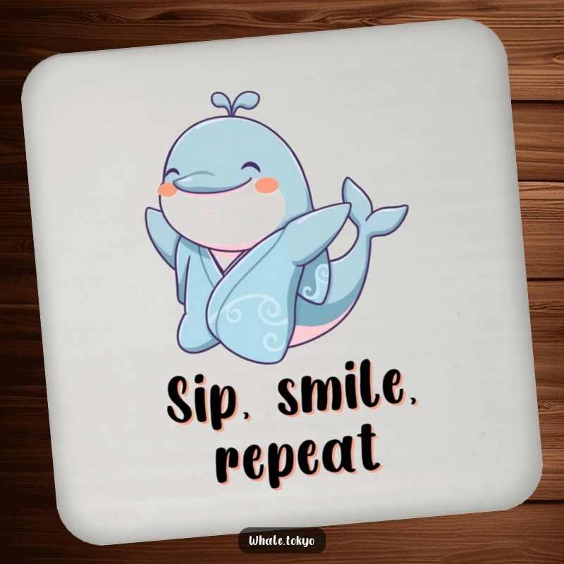 Funny jovial whale in a silk kimono, smiling and waving, a humorous coaster.