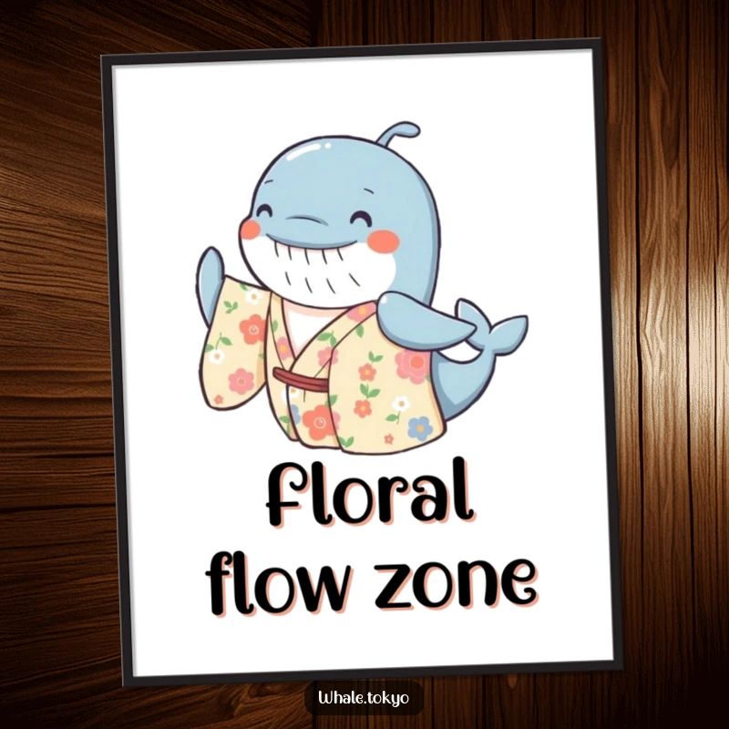Funny poster showing a cheerful whale in a vibrant floral kimono, performing a gentle sway, creating a joyful and aesthetically pleasing visual.