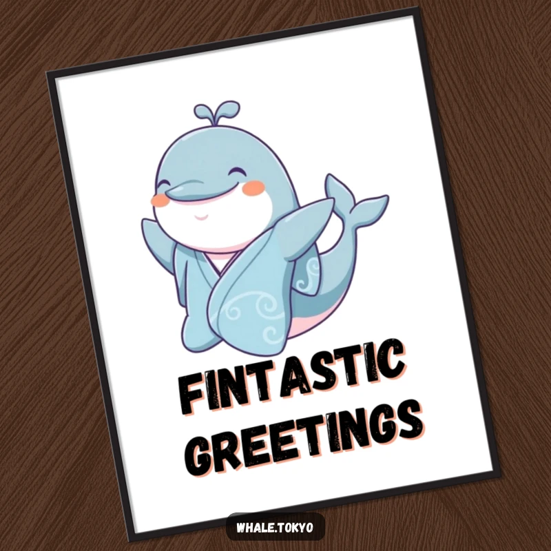 Funny jovial whale in a silk kimono, smiling and waving a flipper, artistic.