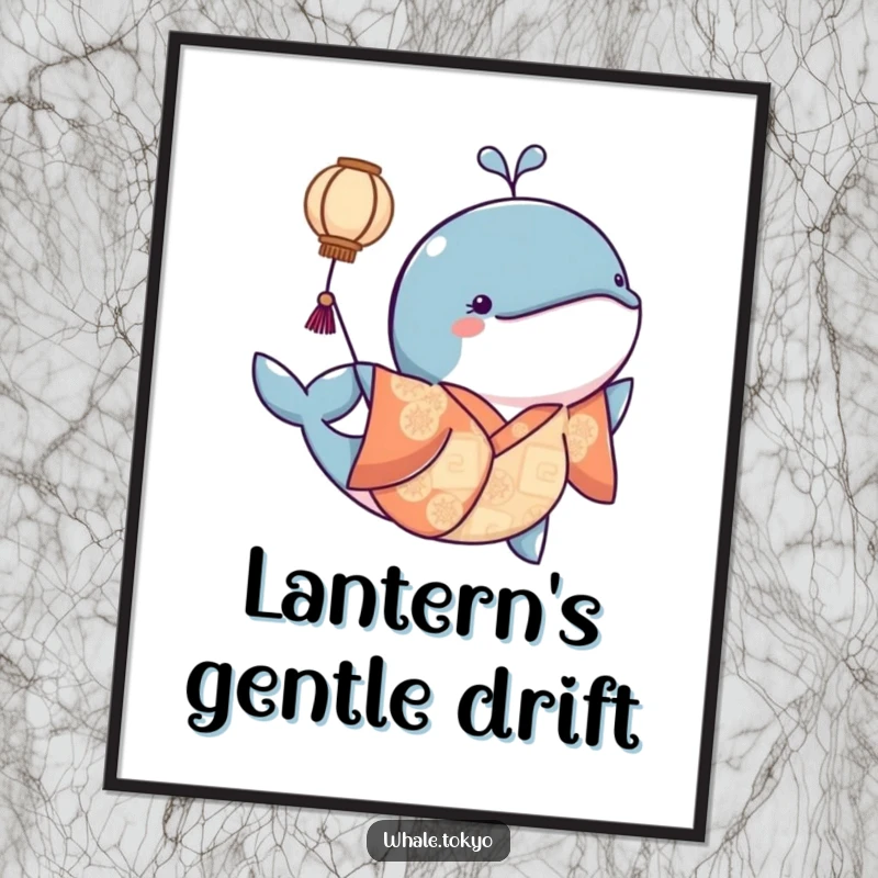 Funny poster showing a whale in a kimono playfully nudging a floating lantern, creating a peaceful and magical ambiance.
