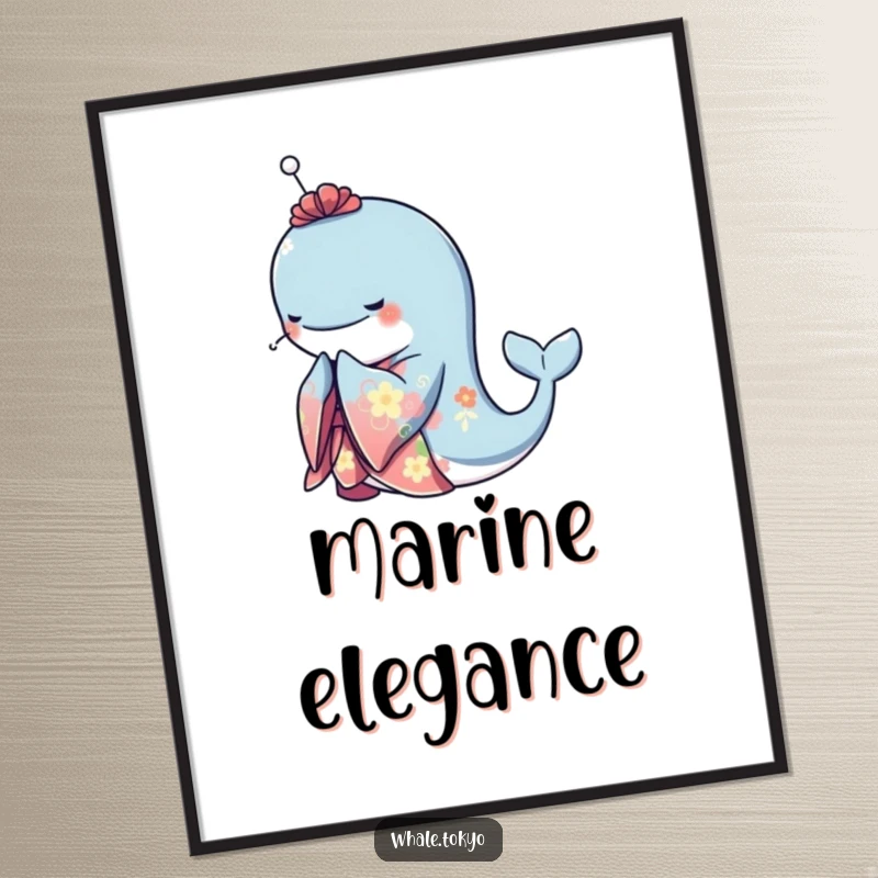 Funny poster illustrating a graceful whale wearing a vibrant, patterned kimono and bowing elegantly, embodying peace and sophisticated humor.