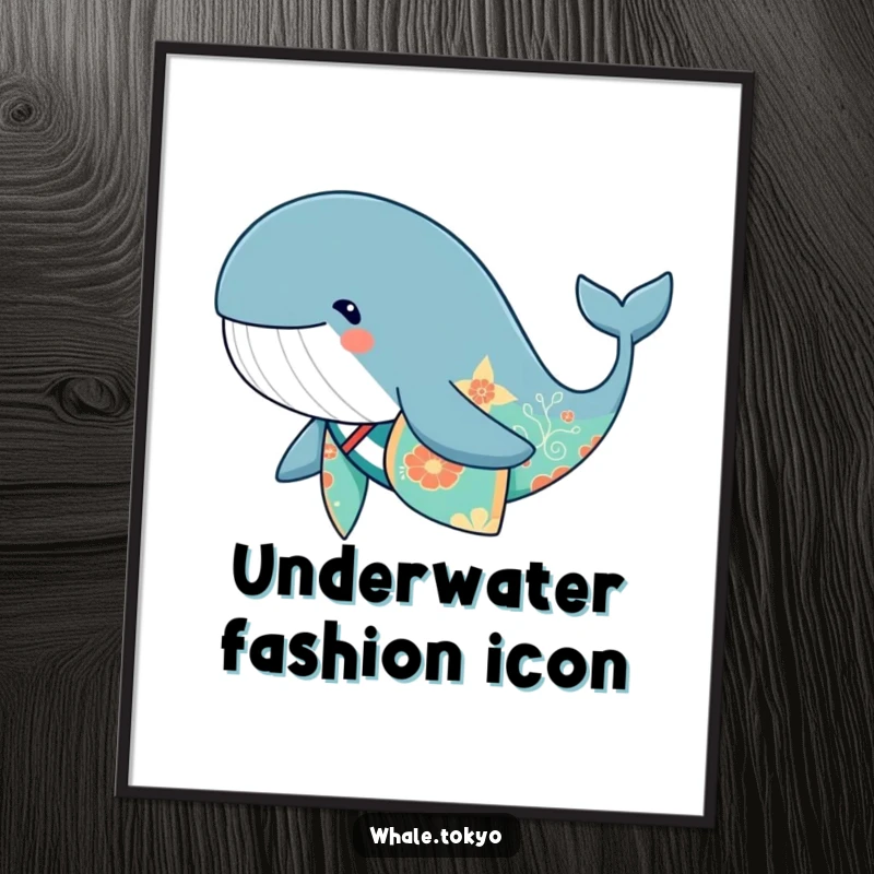 Funny cute whale in a patterned kimono, swimming gracefully, beautiful wall art.