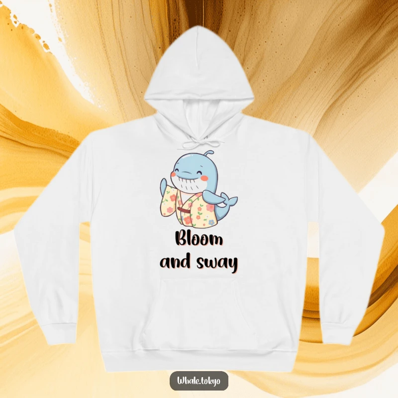 Funny hoodie featuring a cheerful whale adorned in a floral kimono, swaying gently, offering warmth and a dose of happy, playful design.