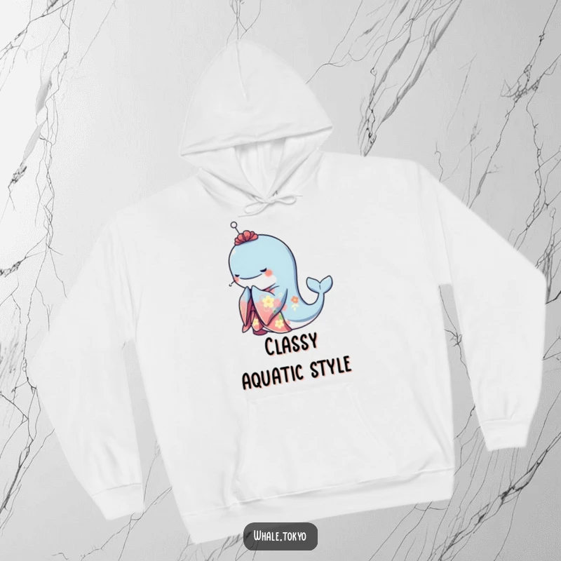 Funny hoodie featuring a graceful whale in a vibrant kimono, captured in an elegant bowing pose, offering cozy comfort and artistic flair.