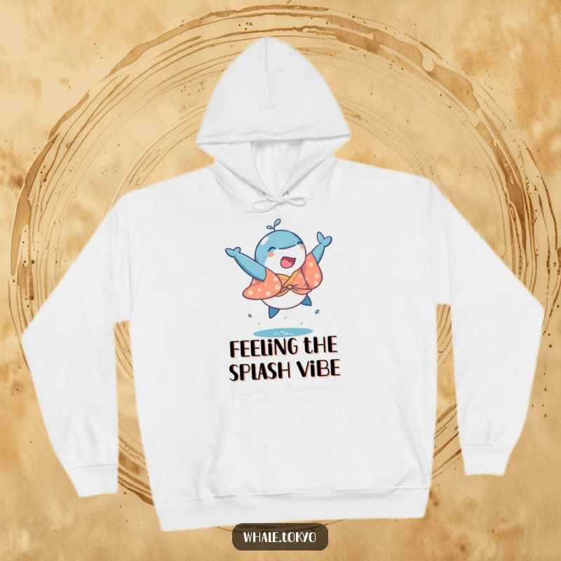 Funny hoodie showcasing a vibrant whale in a kimono doing a high-energy, joyful leap, ideal for casual wear.