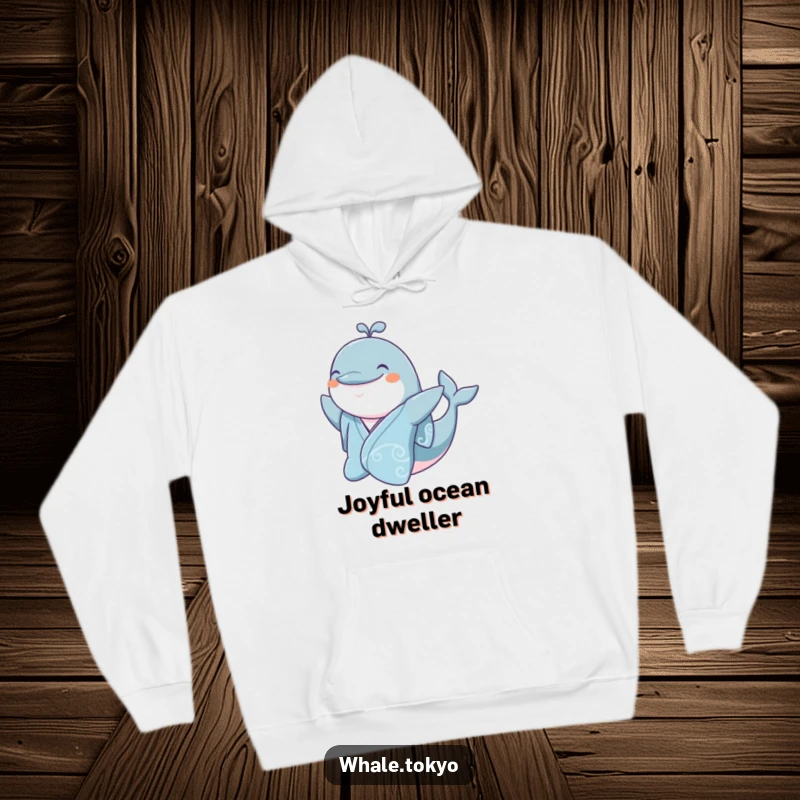 Funny jovial whale in a silk kimono, smiling and waving, a cozy and humorous hoodie.