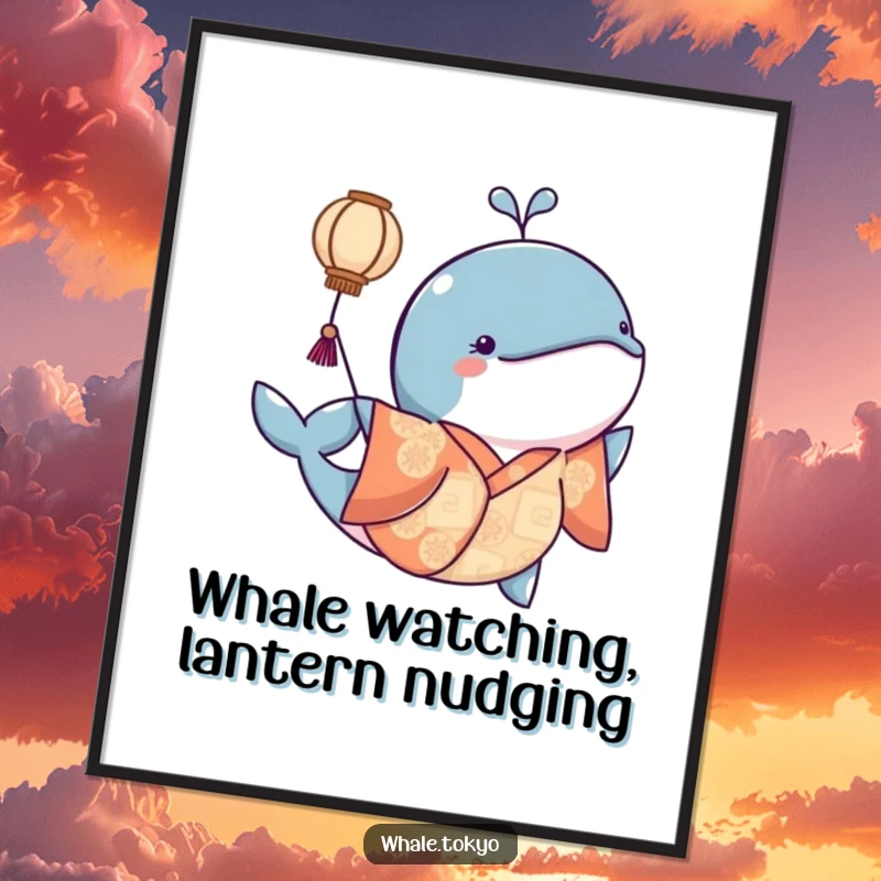 Funny Free Printable Wall Art: Whimsical whale in a patterned kimono nudging a softly glowing floating lantern.