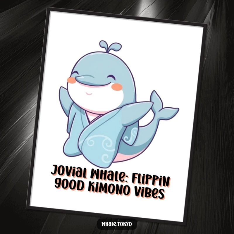 Funny Free Printable Wall Art: Jovial whale in a silk kimono, smiling and waving a flipper in a happy scene.