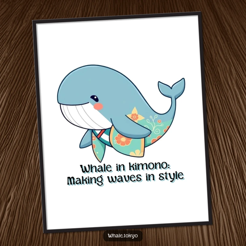 Funny Free Printable Wall Art: Cute whale gracefully swimming while wearing a colorful, patterned kimono.