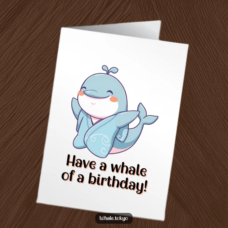 Funny Free Printable Birthday Card: Jovial whale in a silk kimono, smiling and waving a flipper hello.