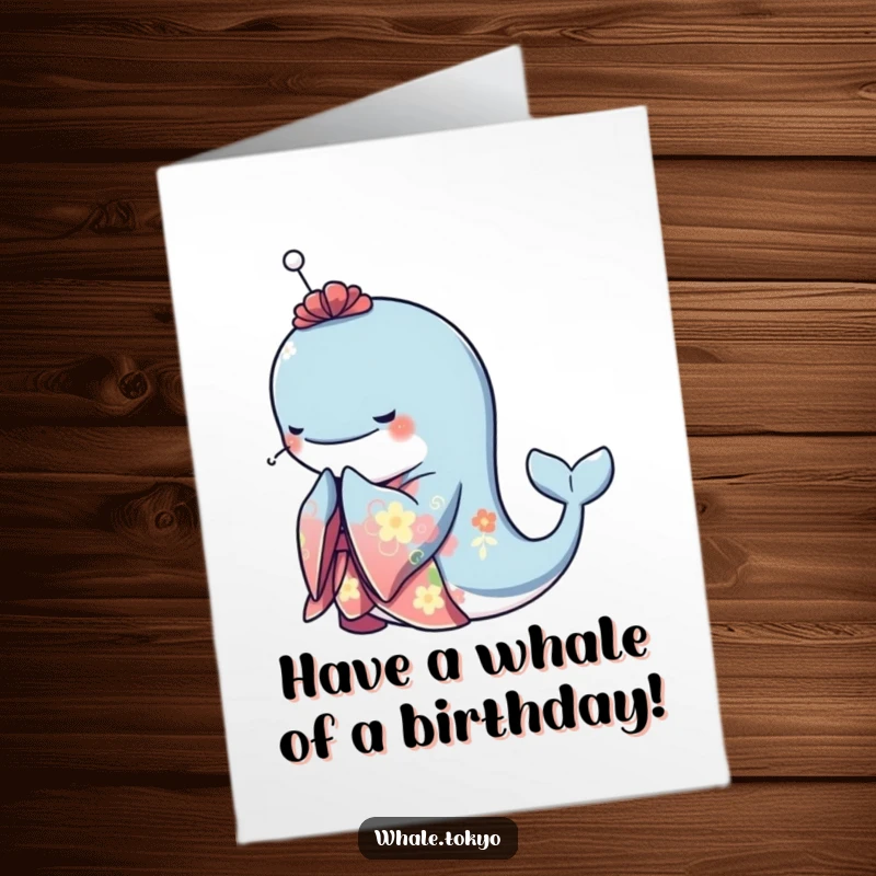 Funny Free Printable Birthday Card: Elegant whale in a vibrant kimono bowing gracefully, sophisticated humor, downloadable.