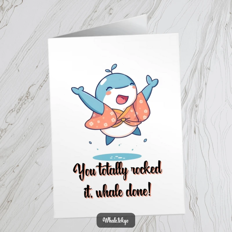 Funny Free Printable Congratulations Card: Playful whale in a kimono performs a triumphant leap, celebrating success.