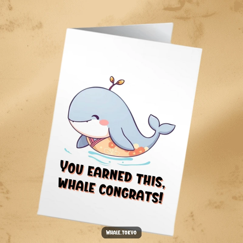 Funny Free Printable Congratulations Card: Serene whale in an elegant kimono glides smoothly through blue water.