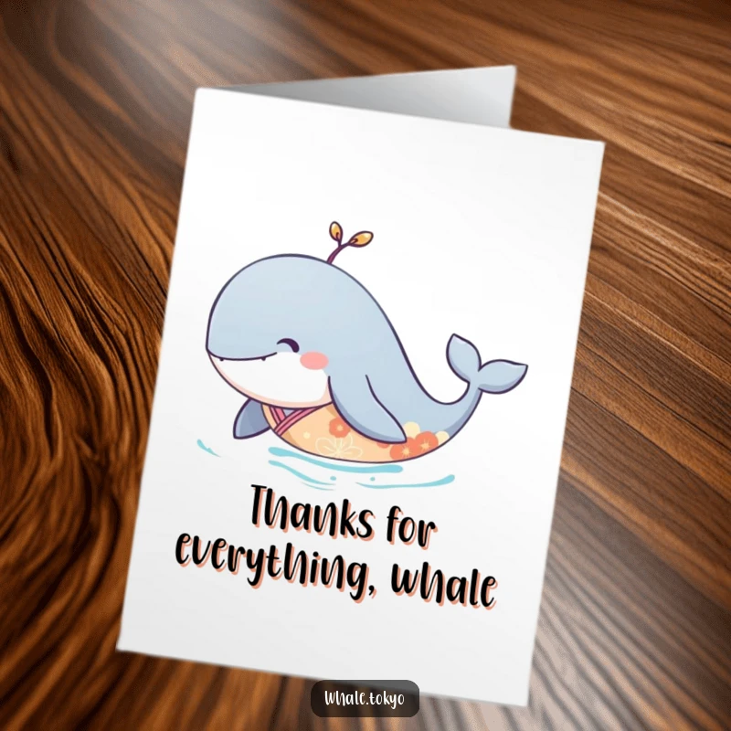 Funny Free Printable Thank You Card: Serene whale in an elegant kimono glides peacefully in water.
