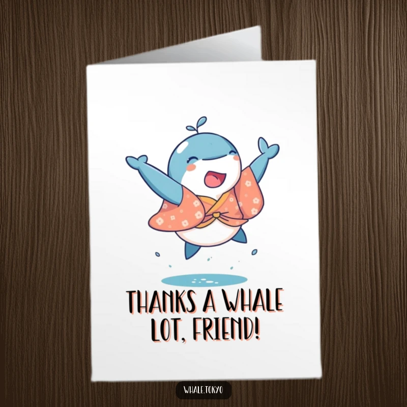 Funny Free Printable Thank You Card: Playful whale in a colorful kimono leaping with gratitude.