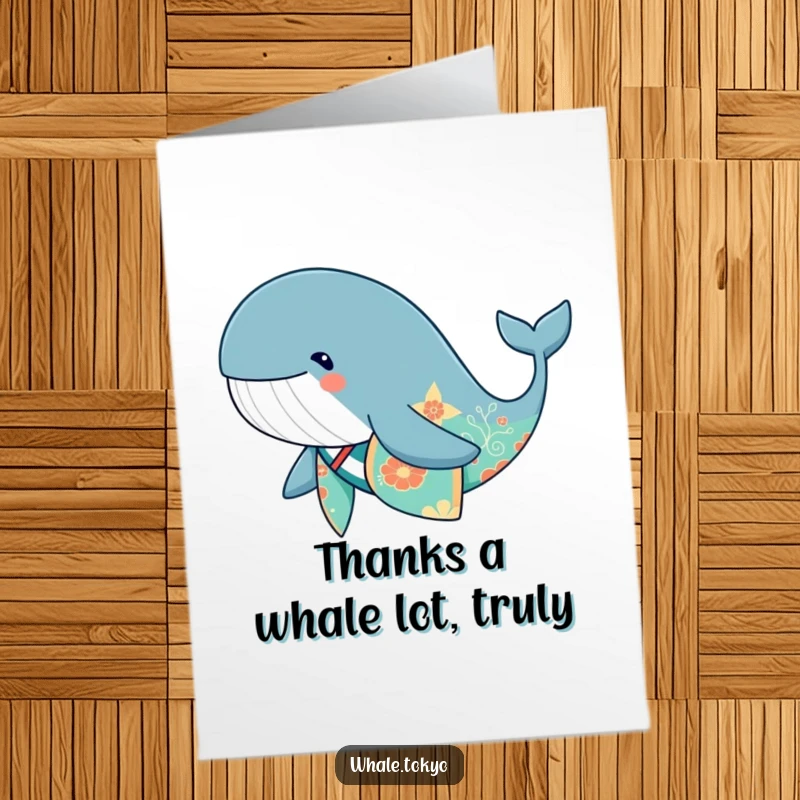 Funny Free Printable Thank You Card: Cute whale in a vibrant kimono swimming gracefully to say thank you.