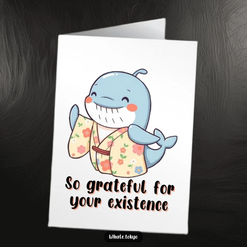 Funny Free Printable Thank You Card: Cheerful whale in floral kimono swaying gently, expressing thanks joyfully, downloadable.