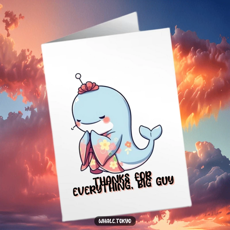 Funny Free Printable Thank You Card: Elegant whale in a kimono bowing, expressing thanks with grace, downloadable.