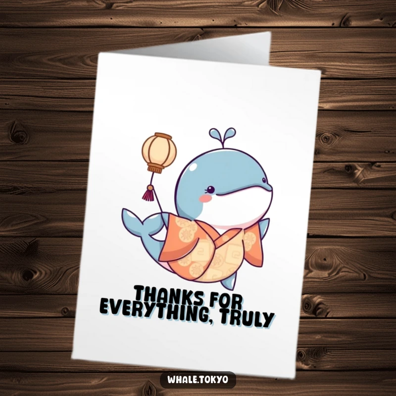 Funny Free Printable Thank You Card: Whale in a kimono nudges a lantern, sending thanks.
