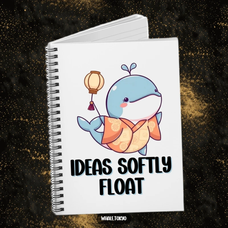 Funny notebook with a whale in a kimono nudging a lantern, ideal for journaling magical thoughts and inspirations.