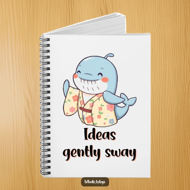 Funny notebook featuring a cheerful whale in a floral kimono, gently swaying, designed for journaling with a theme of happiness and vibrant art.