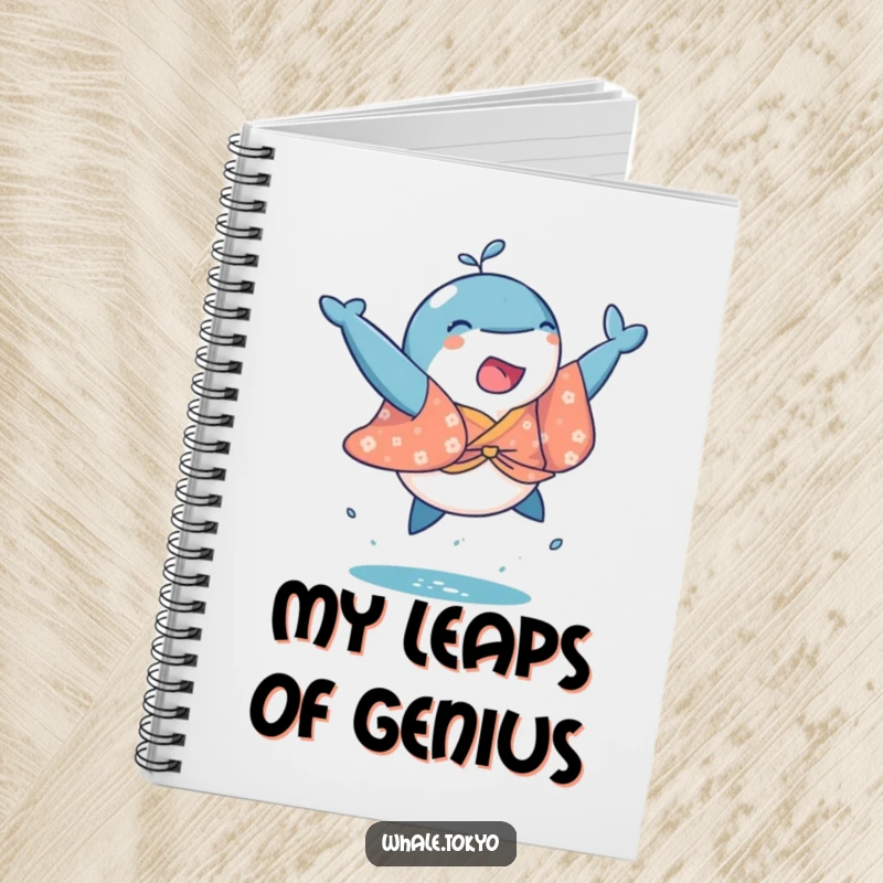 Funny notebook cover featuring a playful whale in a bright kimono, bursting into a joyful leap, perfect for journaling.