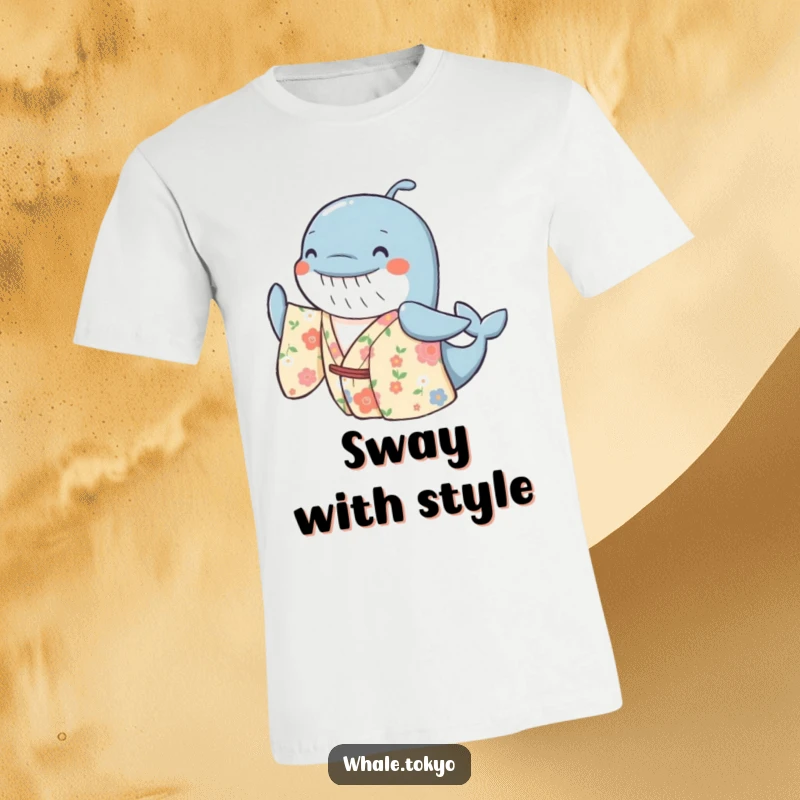 Funny t-shirt showcasing a cheerful whale in a floral kimono, performing a gentle sway, designed to bring smiles and a sense of playful joy.
