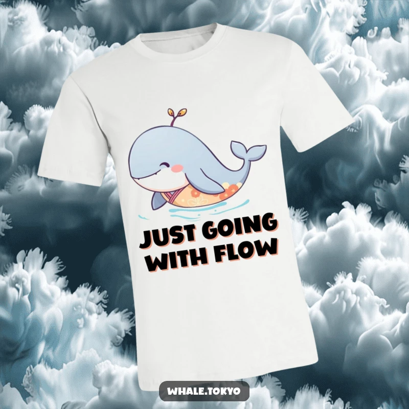 Funny t-shirt showcasing a peaceful whale wearing an elegant kimono, gliding effortlessly through calm blue water.
