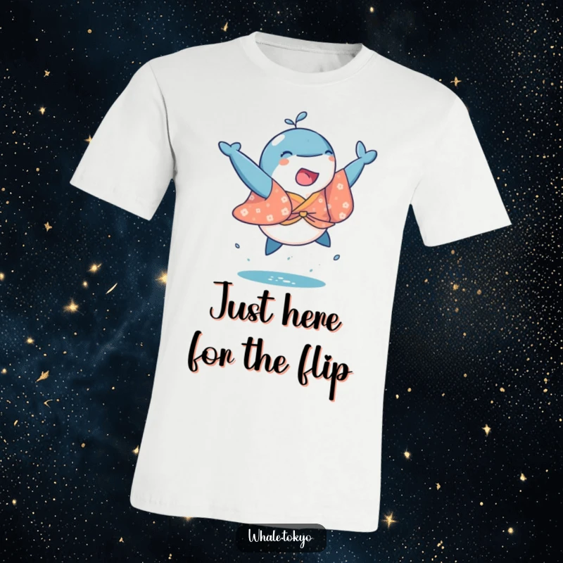 Funny t-shirt depicting a whale in a colorful kimono performing an energetic, joyful leap above the ocean waves.