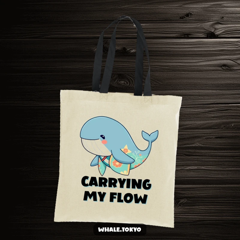Funny cute whale wearing a vibrant kimono, swimming gracefully, a stylish tote.
