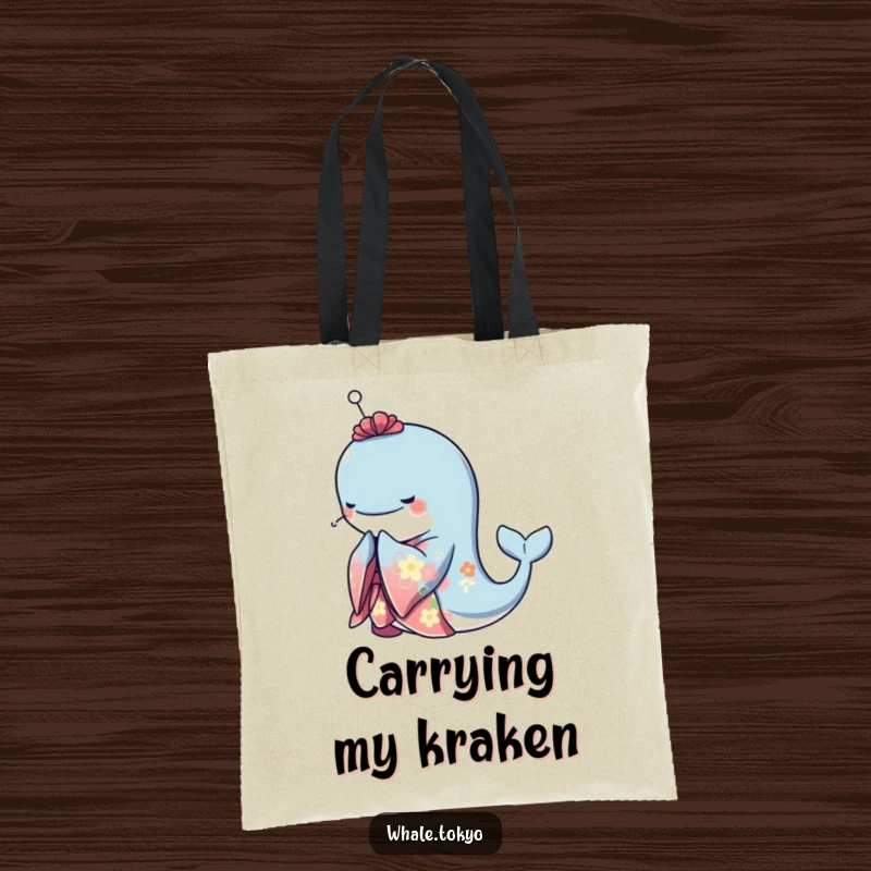 Funny tote bag showcasing a graceful whale in a vibrant kimono, performing an elegant bow, perfect for carrying items with poise and humor.