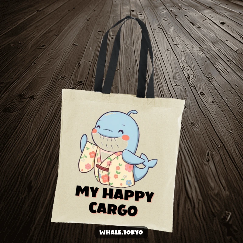 Funny tote bag depicting a cheerful whale in a floral kimono, gently swaying, ideal for carrying items with a happy, vibrant, and fun aesthetic.